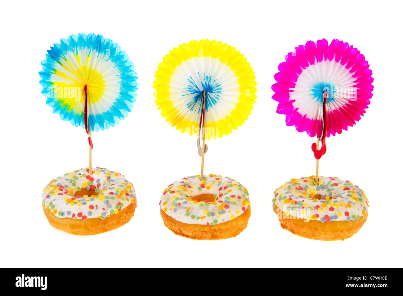 Sweet birthday donuts with confetti glaze and decorataion Stock Photo ...