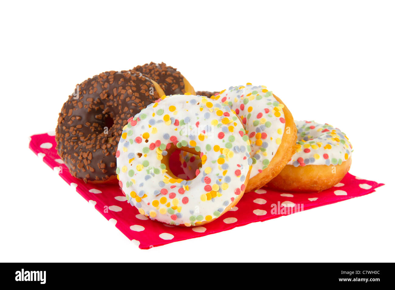 Chocolate and white confetti donuts isolated over white background