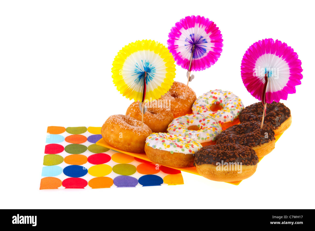 Birthday donuts with colorful glaze isolated over white background ...