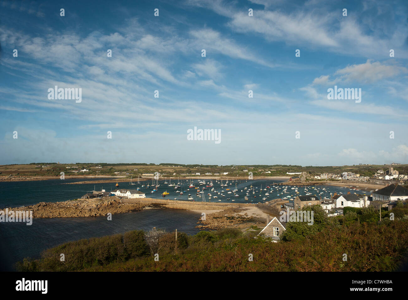 Hugh town harbour on Saint Mary's Island on the Isle of Scilly of the West coast of Cornwall Stock Photo