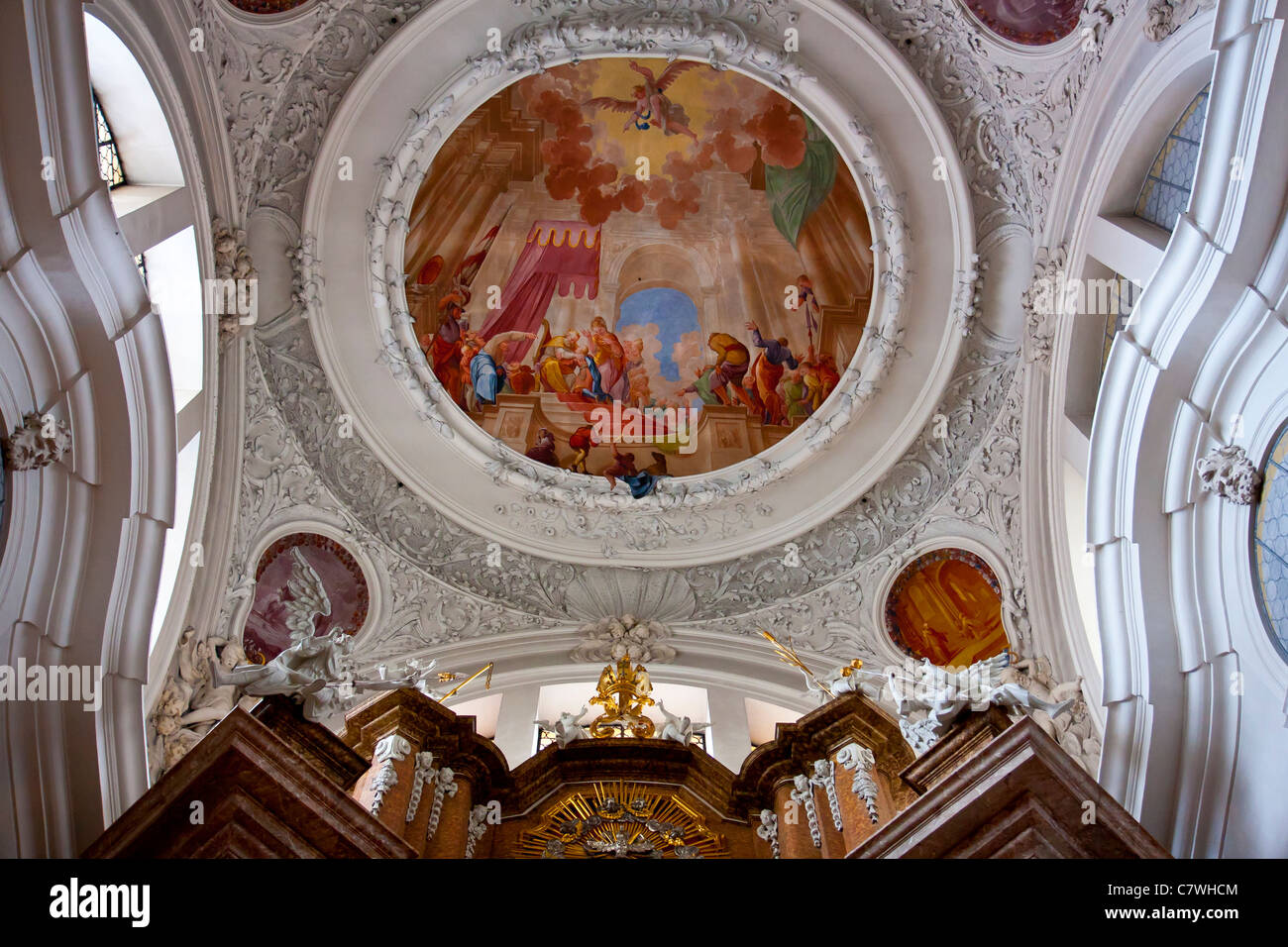 Baroque style ceiling design in church of St. Mang, Fussen Bavaria Germany Stock Photo