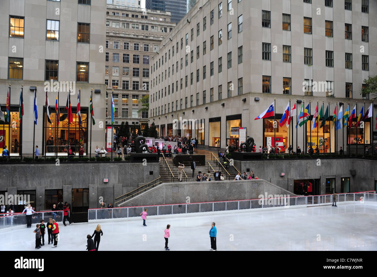 Afternoon view, looking towards Channel Promenade stairways, iceskaters, Rockefeller Centre Ice