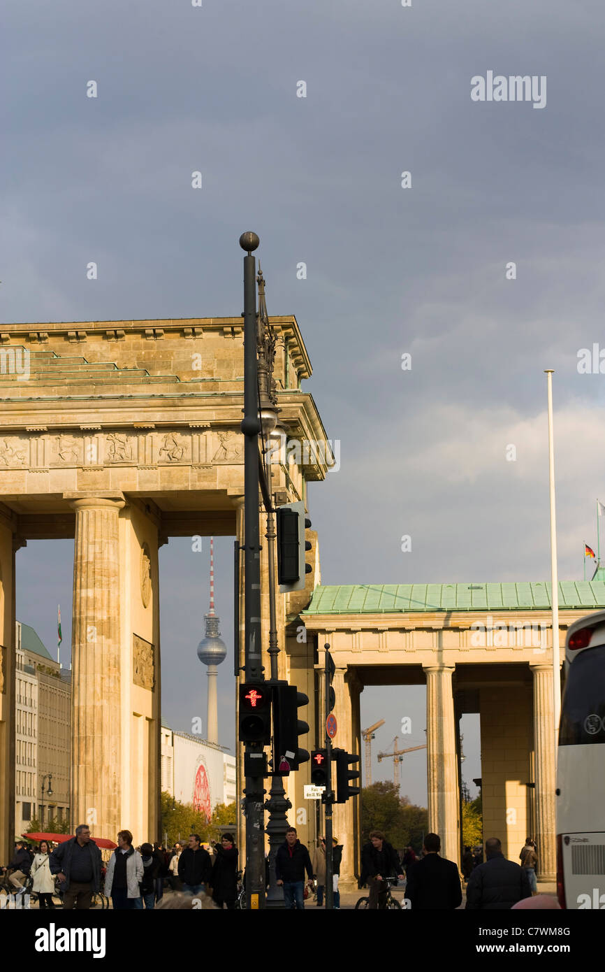 Image of the Brandenburg Gate and the Berlin TV Tower in October 2010. Stock Photo