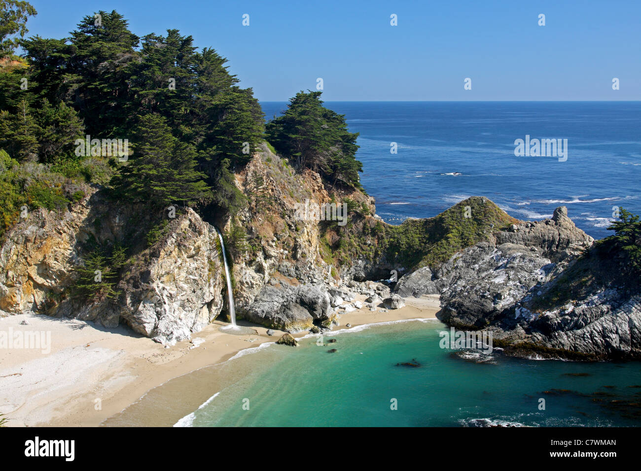 McWay Falls in California's Big Sur is an 80 foot tidefall that flows year-round. Stock Photo