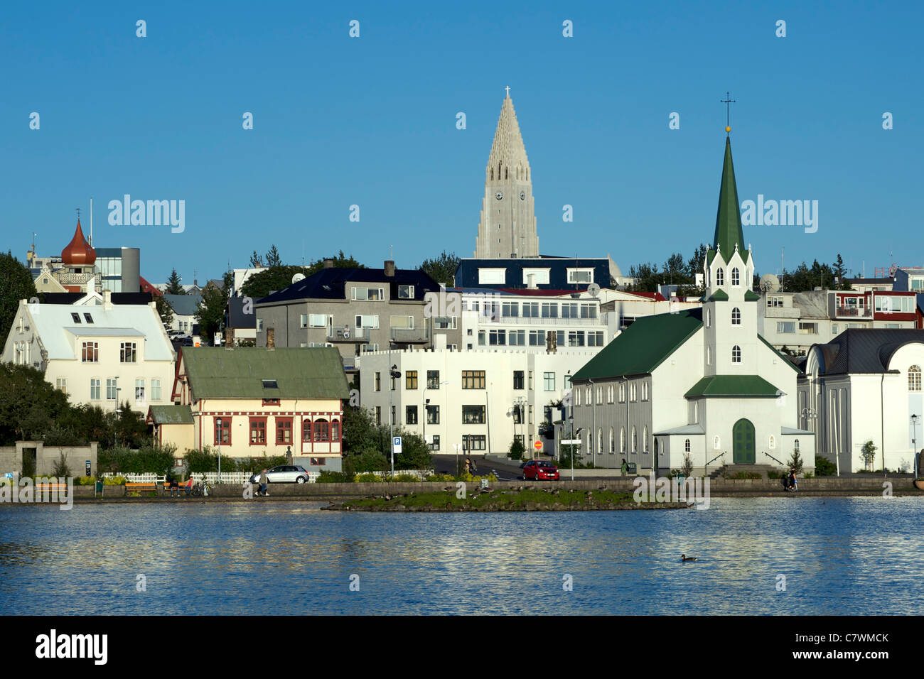 View across (Lake) Tjorn in central Reykjavik, the capital of Iceland. Stock Photo