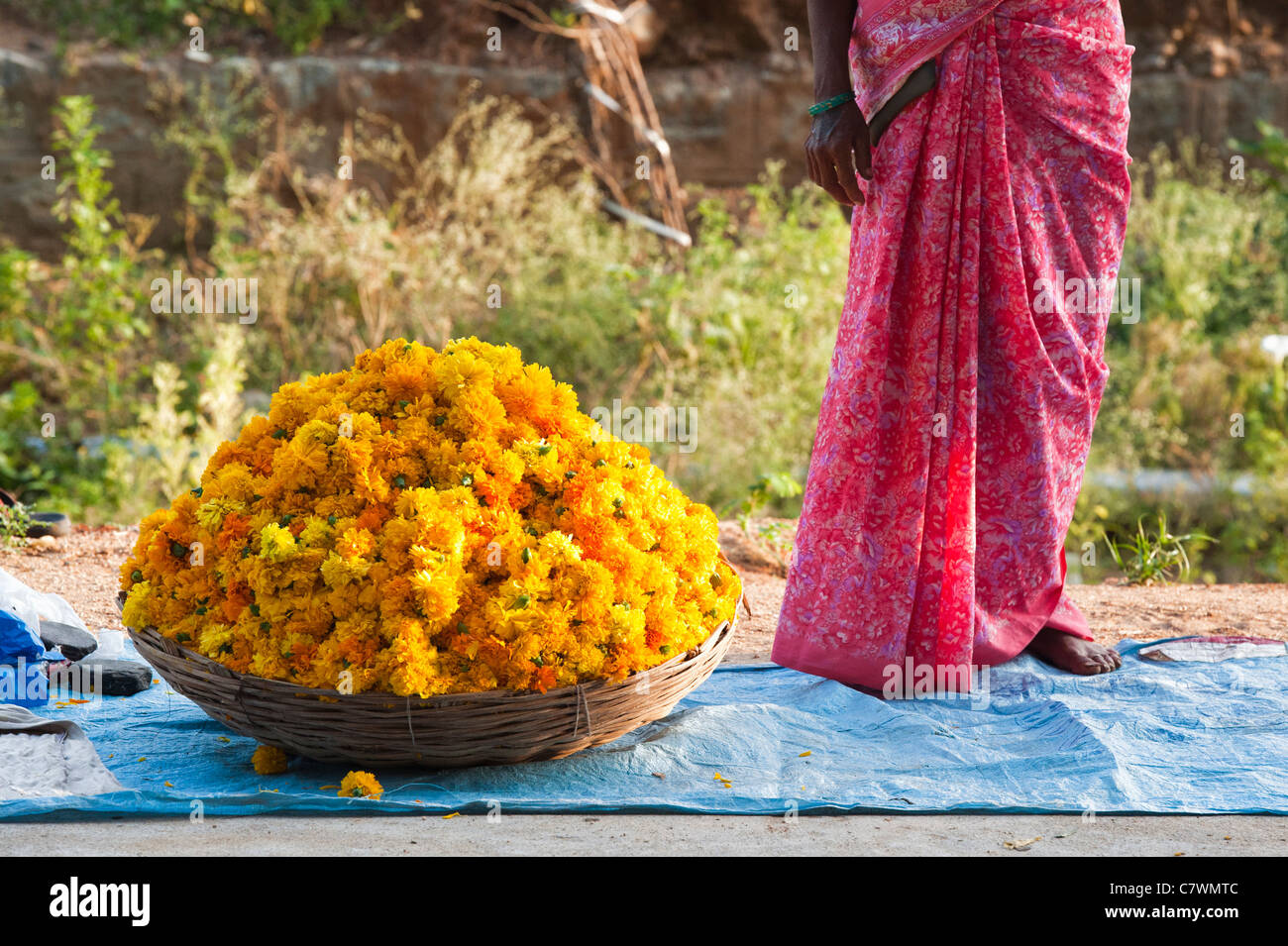 Indian woman selling Marigold flowers in a basket for hindu puja