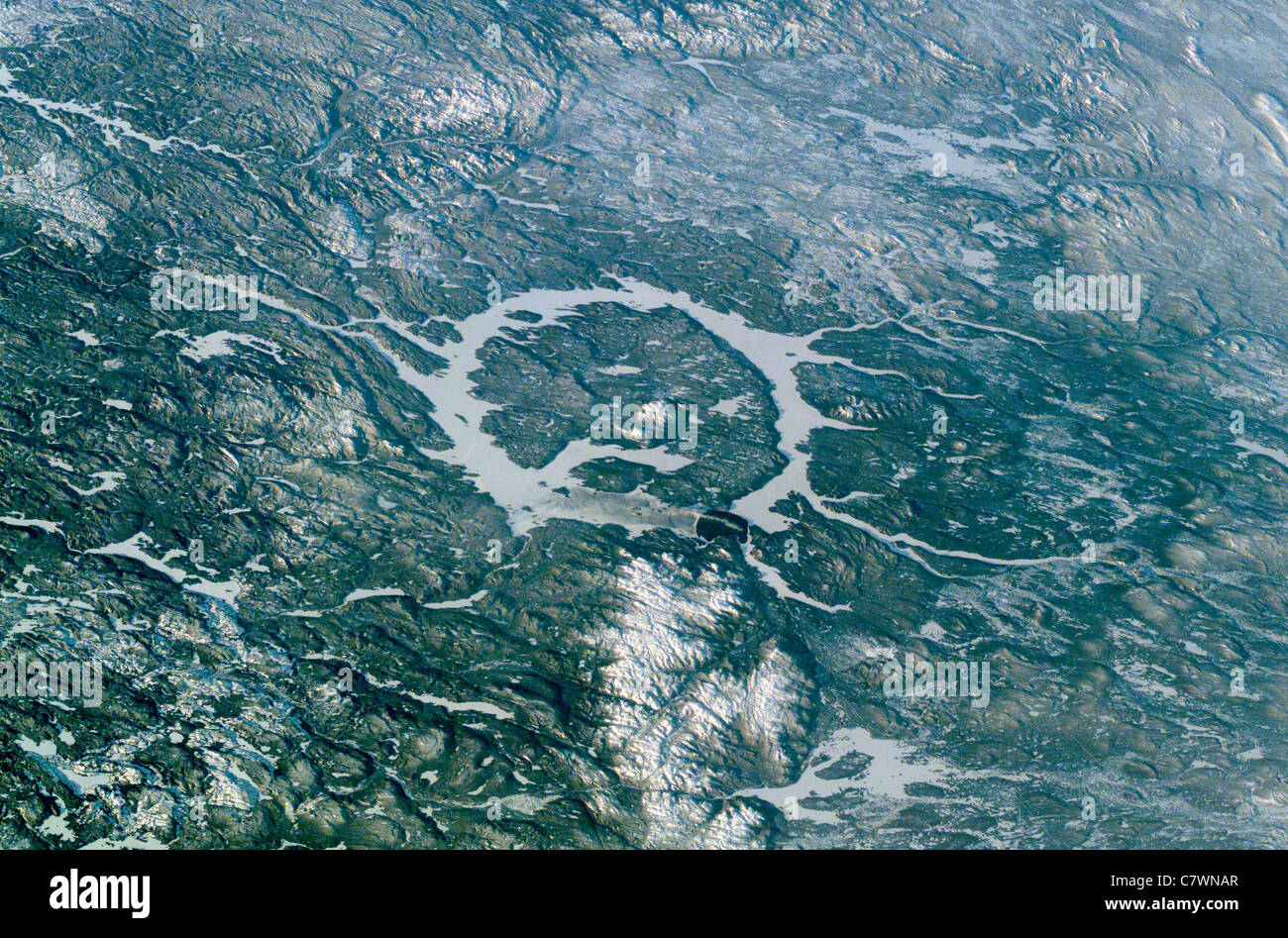 Manicouagan Reservoir, also called Lake Manicouagan is an annular lake in central Quebec, Canada. Stock Photo
