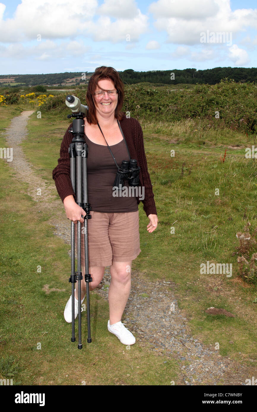 Woman Bird Watcher; Marazion; Cornwall Stock Photo