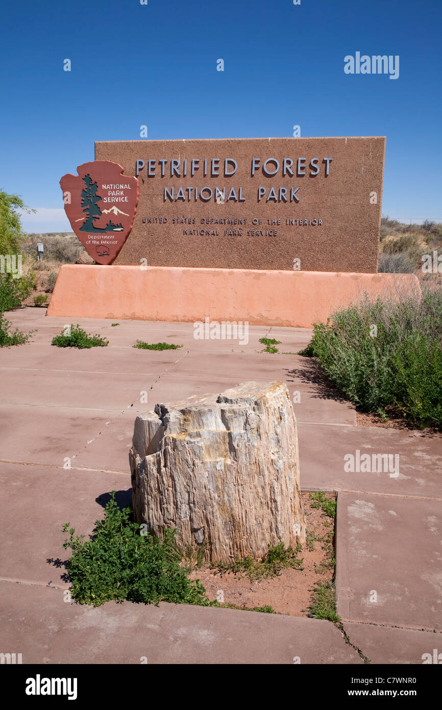 welcome sign at the entrance to the Petrified Forest National Park near Holbrook in Arizona USA on a sunny summer day Stock Photo