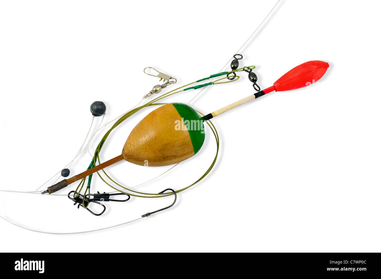 Fishing rod with fishing line, reel, hook and float. Cartoon sty Stock  Vector
