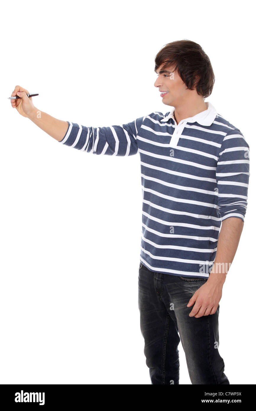 Young man with a pen. Isolated on white background Stock Photo - Alamy