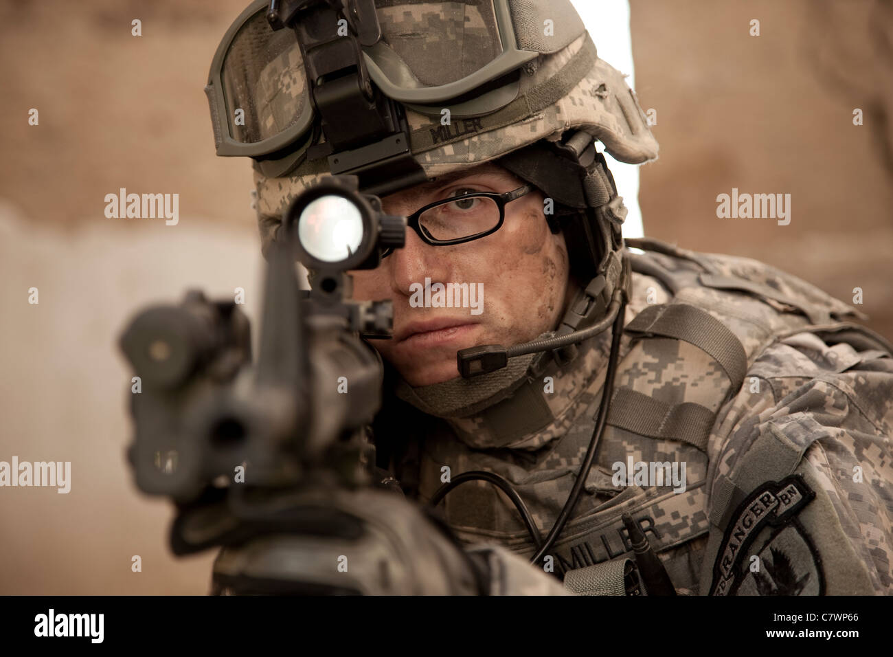 U.S. Army Ranger in Afghanistan combat scene. Stock Photo