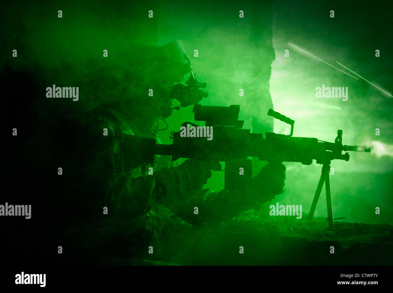 Night vision view of a U.S. Army Ranger in Afghanistan combat scene. Stock Photo