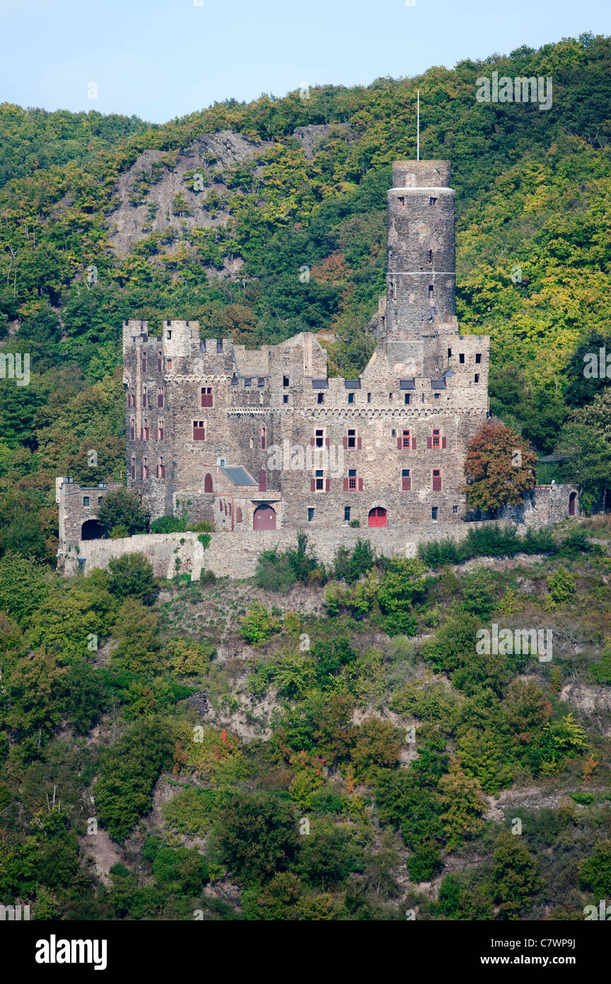 Castle Burg Maus or Mouse Castle on hill above Wellmich village on River Rhine in Rhineland Germany Stock Photo
