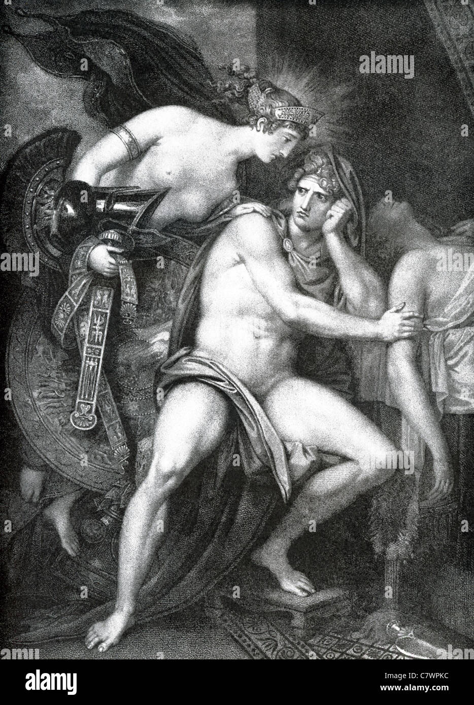 Thetis brings Achilles armor that she had Hephaestus (Vulcan), the god of fire, fashion for him for him to fight in Trojan War. Stock Photo