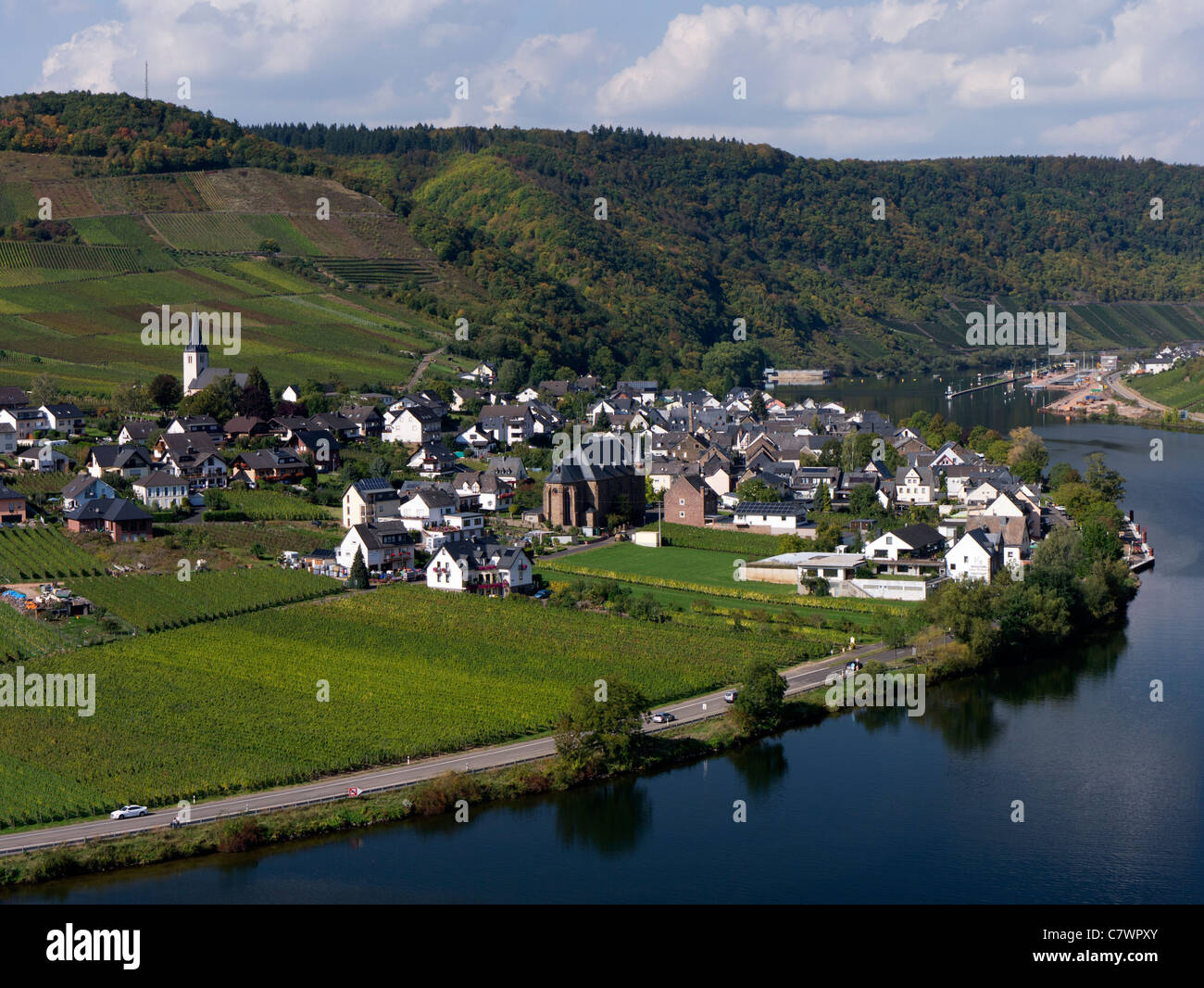 View of village of Ellenz and Mosel River in Mosel Valley Rhineland Germany Stock Photo