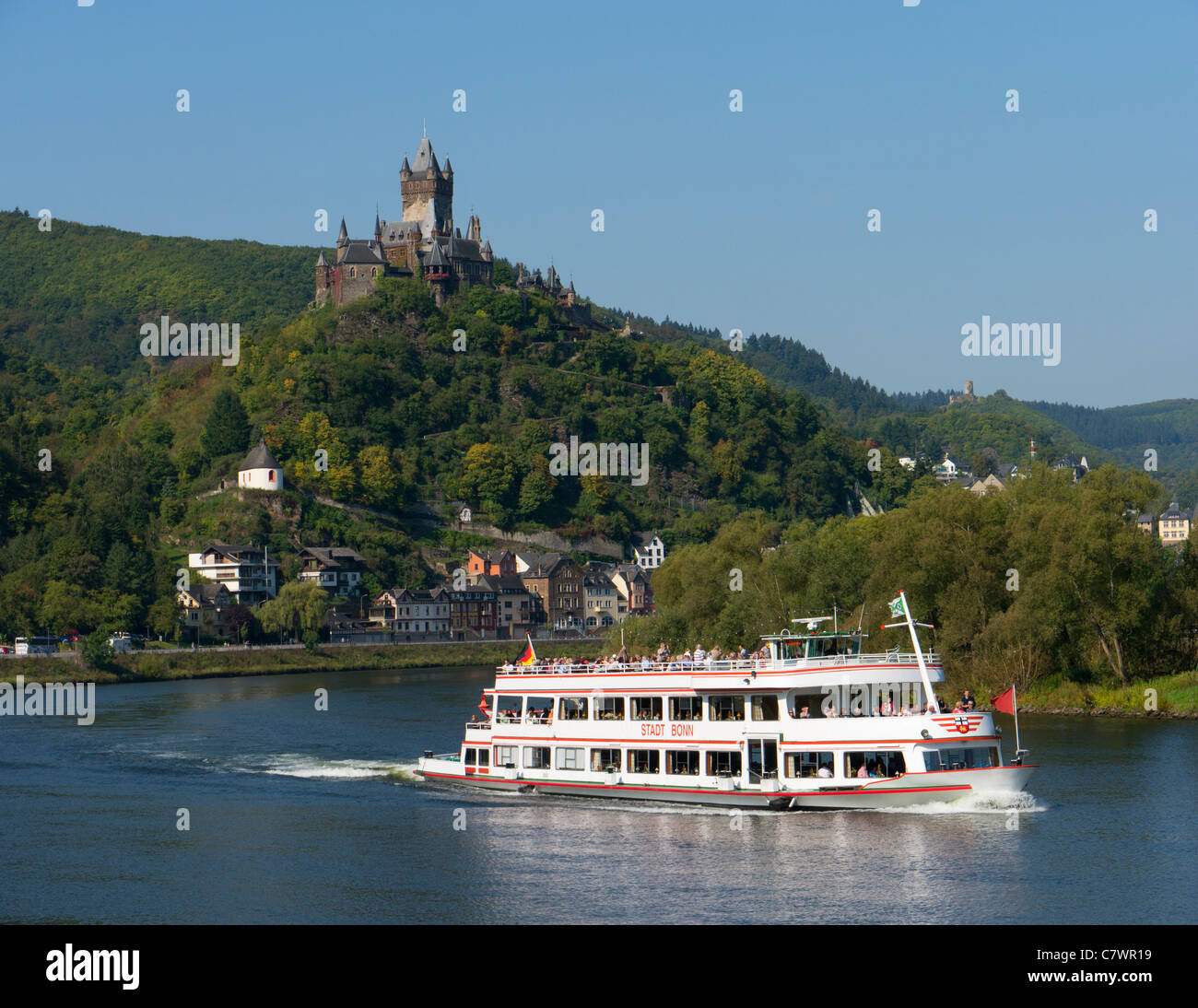 View of Cochem Castle above town of Cochem on Mosel River in n Rheinland-Palatinate Germany Stock Photo
