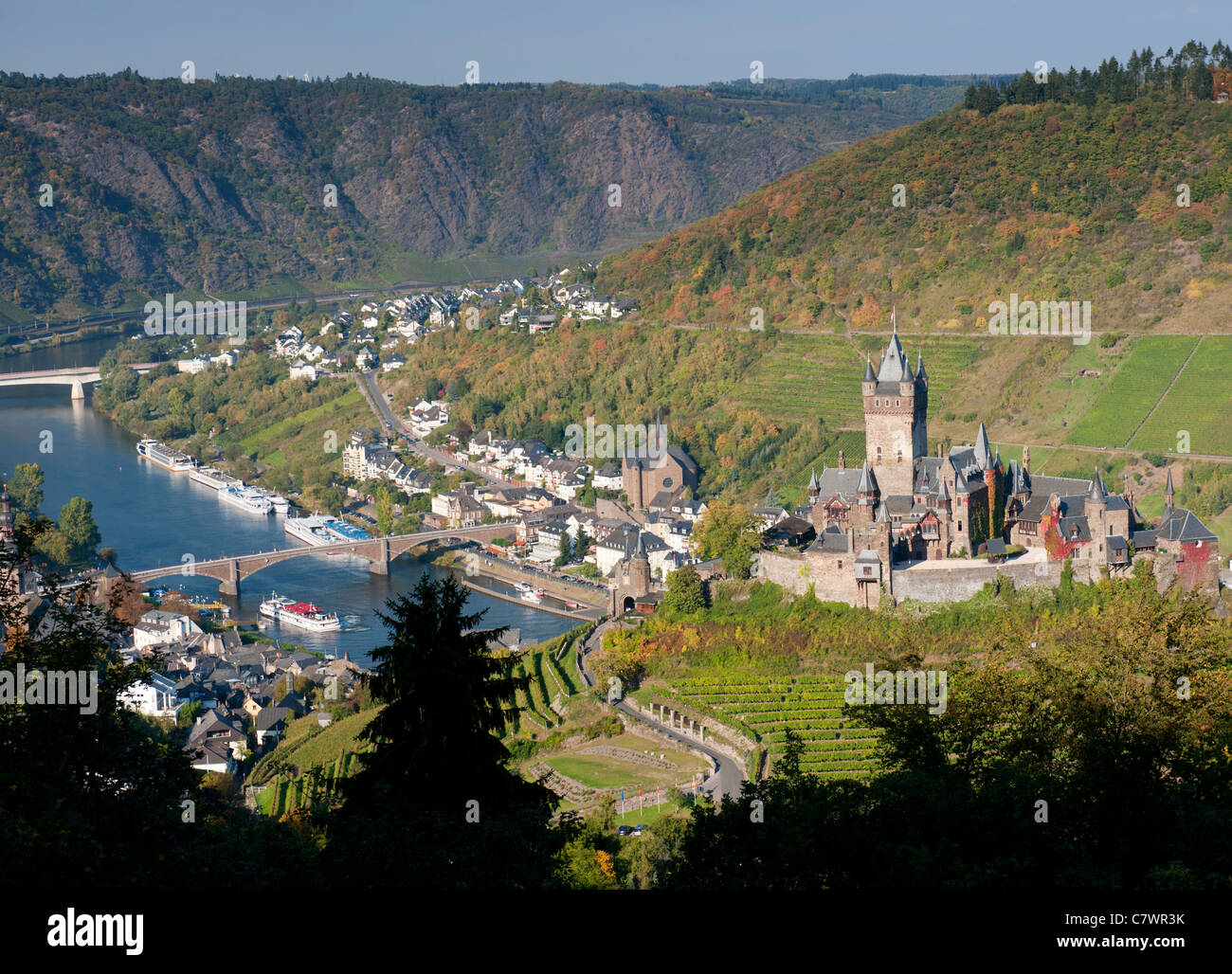 View of Cochem Castle above town of Cochem on Mosel River in Germany Stock Photo