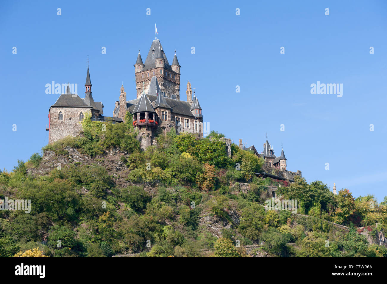 View of castle on hill in Cochem on Mosel River in Rheinland-Palatinate Germany Stock Photo