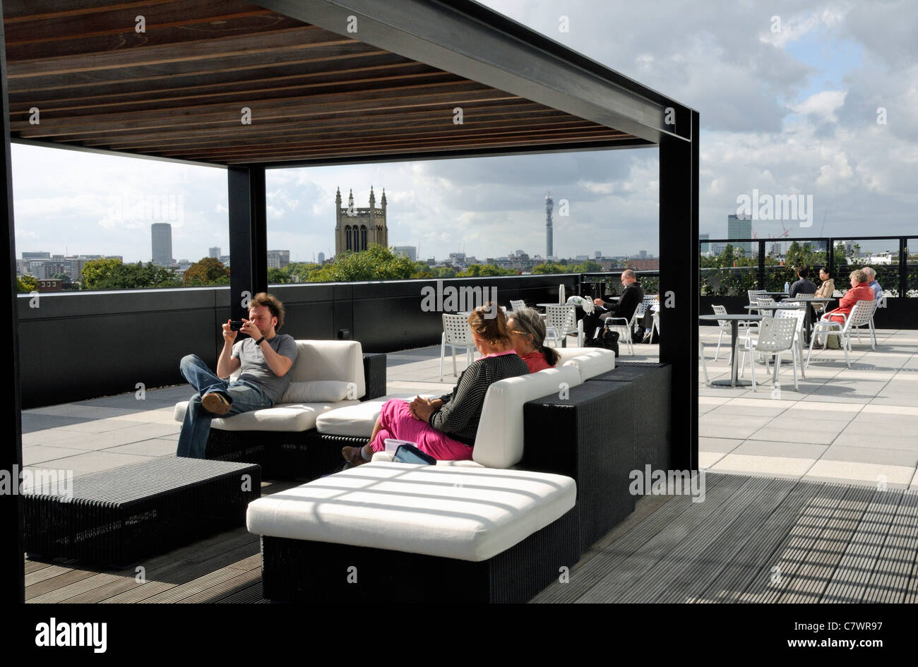 People enjoying Open House Weekend on the top of the Angel Building Islington London England UK Stock Photo