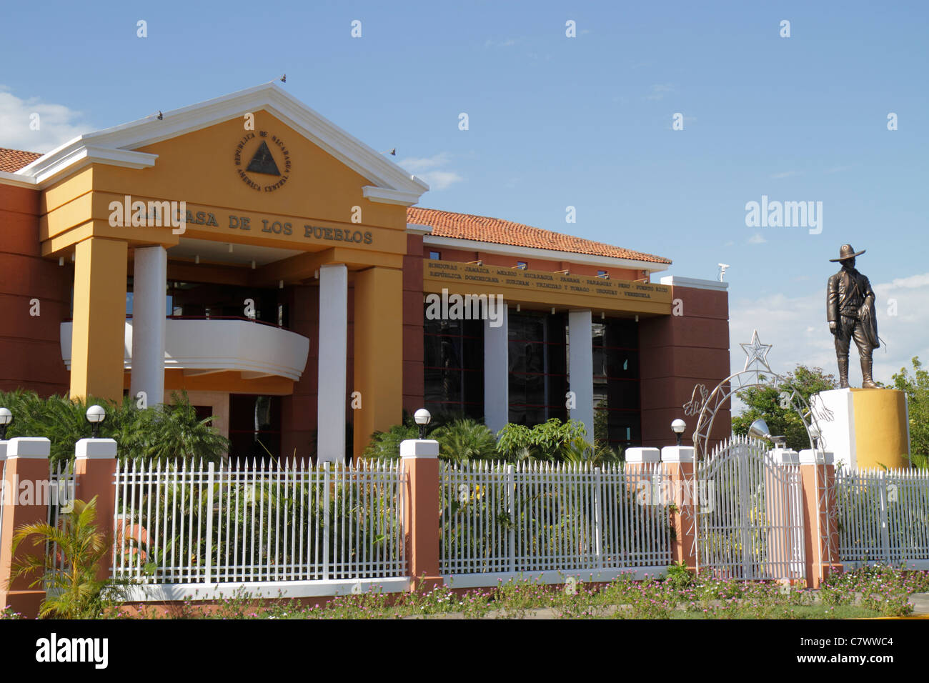 Managua Nicaragua,Presidential House,Casa de Los Pueblos,People's House,government building,statue,Sandino,fence,facade,Nicar110501109 Stock Photo