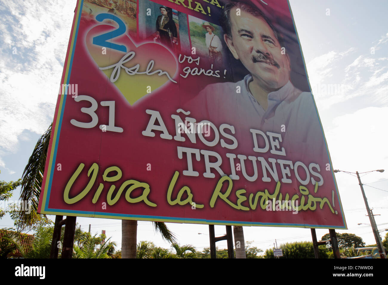 Managua Nicaragua,Calle Colon,political billboard,advertisement,ad,Daniel Ortega,President,residents,government,socialist,revolution,Sandinista,leader Stock Photo