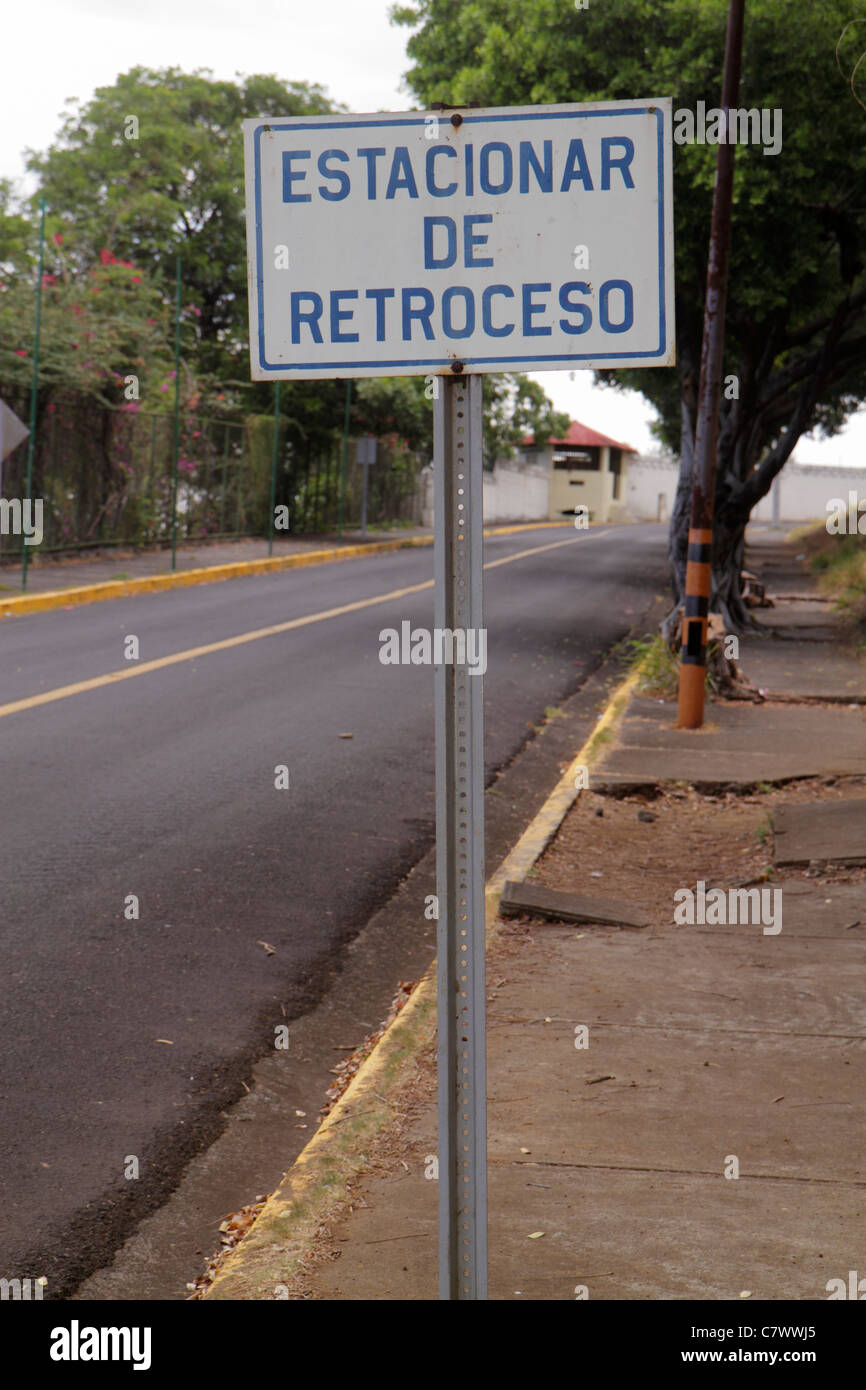 Managua Nicaragua,Loma de Tiscapa,national historic park,Parque historico,La Sombra de Sandino,street sign,parking,Spanish,language,bilingual,park in Stock Photo