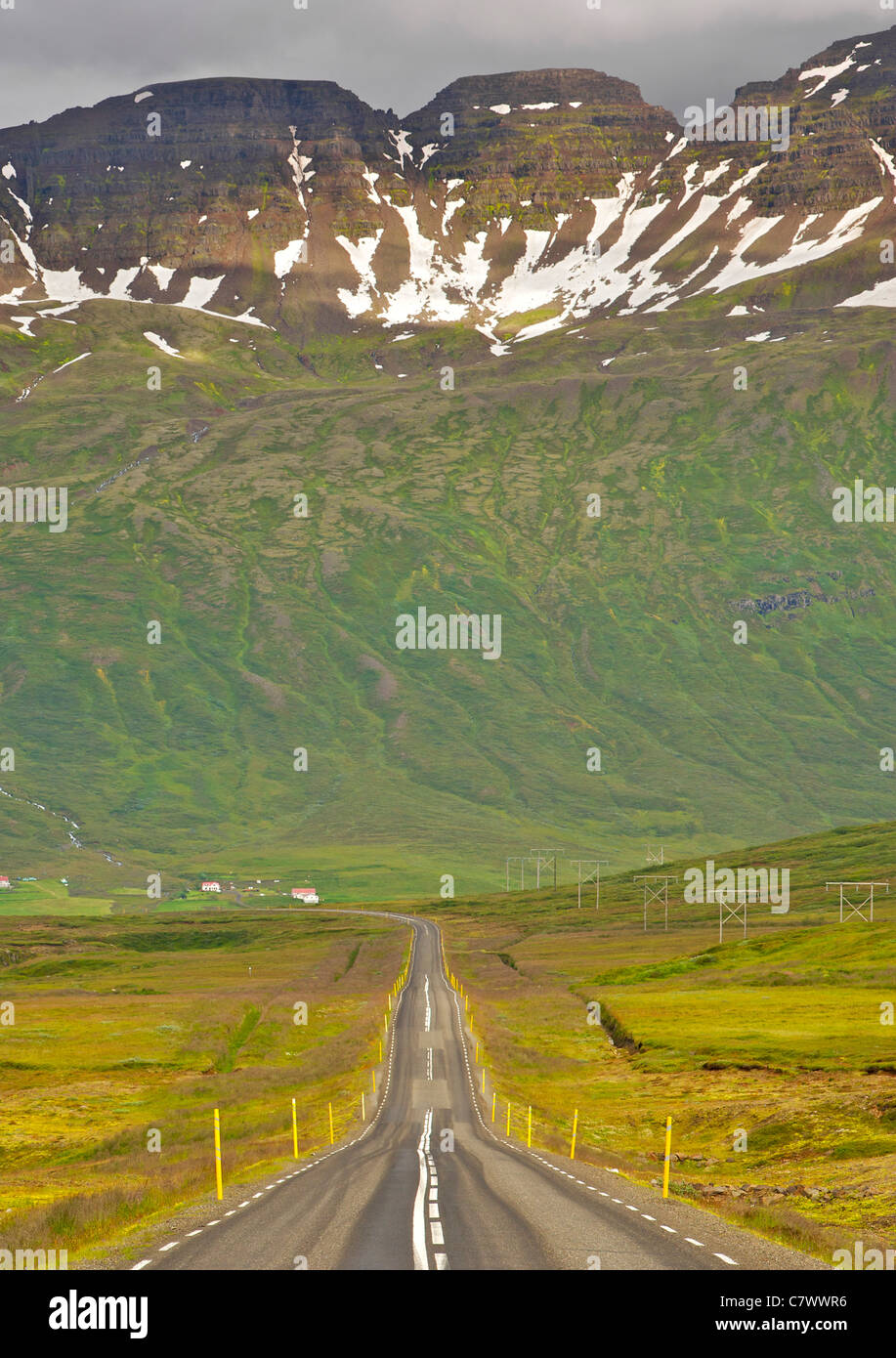 The road leading into Neskapustadur, a fjord in east Iceland. Stock Photo