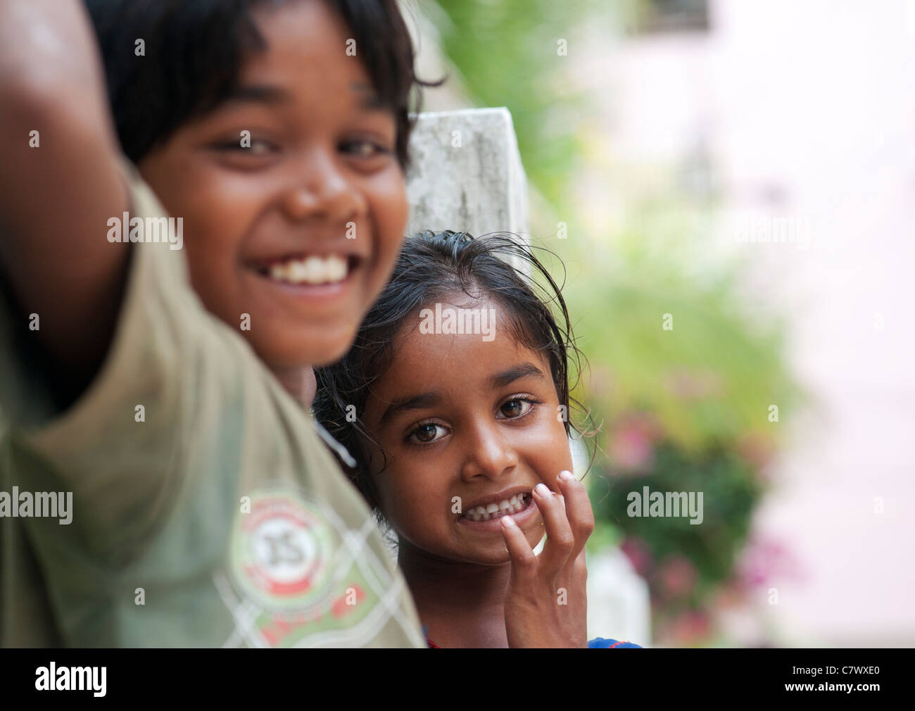Young poor lower caste Indian street boy and girl. Selective focus. Stock Photo