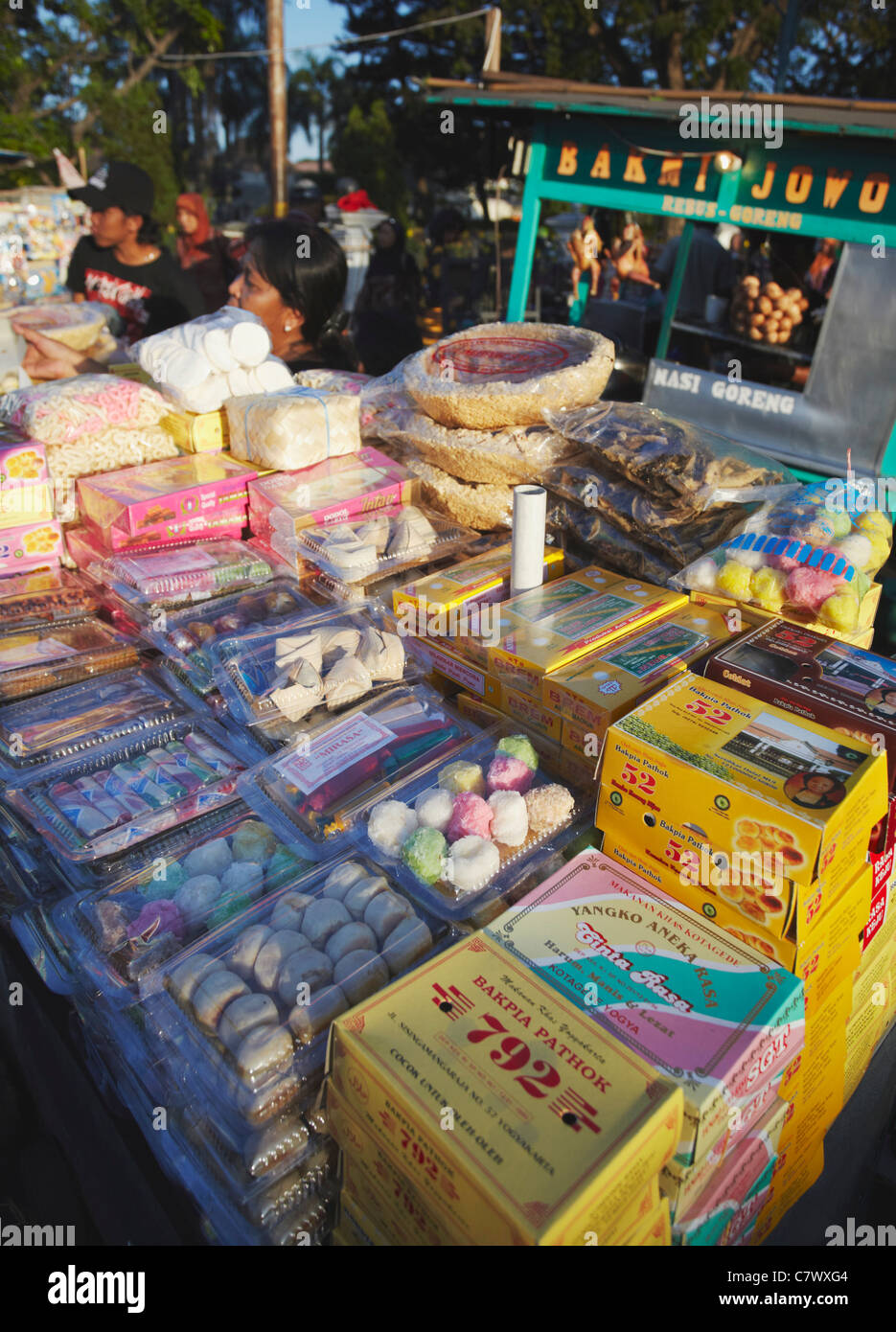 Food stall selling cakes and sweets, Yogyakarta, Java, Indonesia Stock