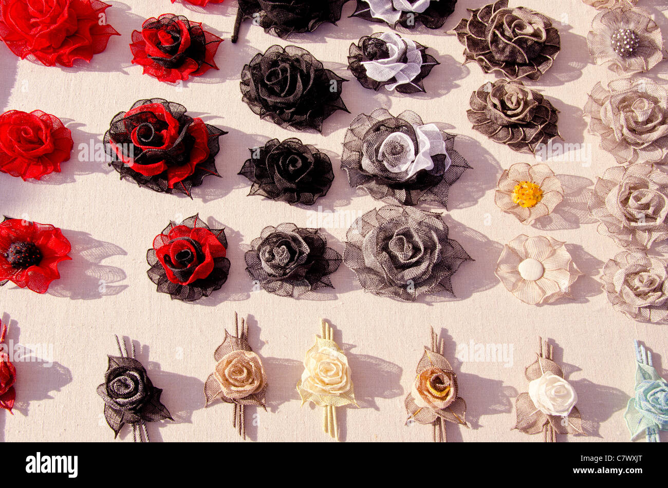 handmade linen roses in the summer fair Stock Photo - Alamy