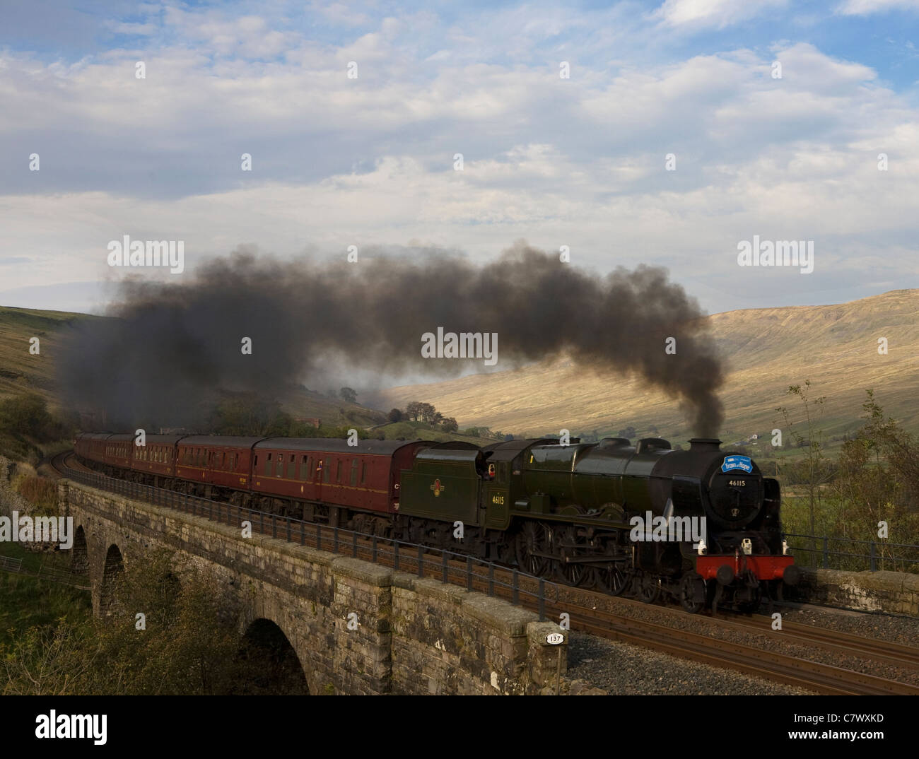 diesel locomotive train trains rail railway railways steam engine restored track passenger carriage carriages Stock Photo