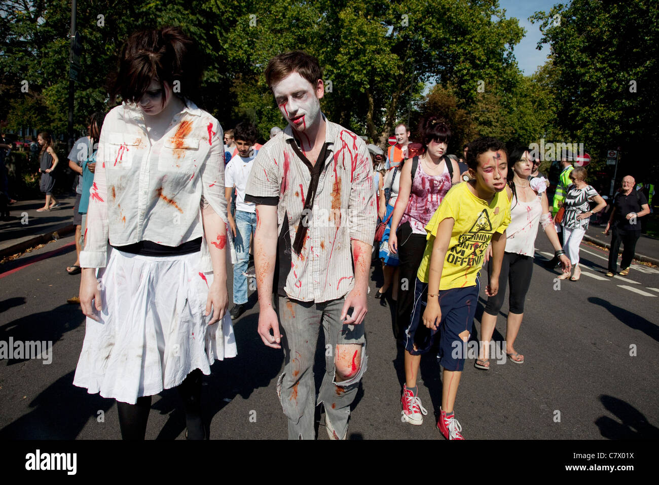 Stoke Newington Zombie protest. Demonstrating against the planned opening of a large Sainsbury's supermarket. Stock Photo