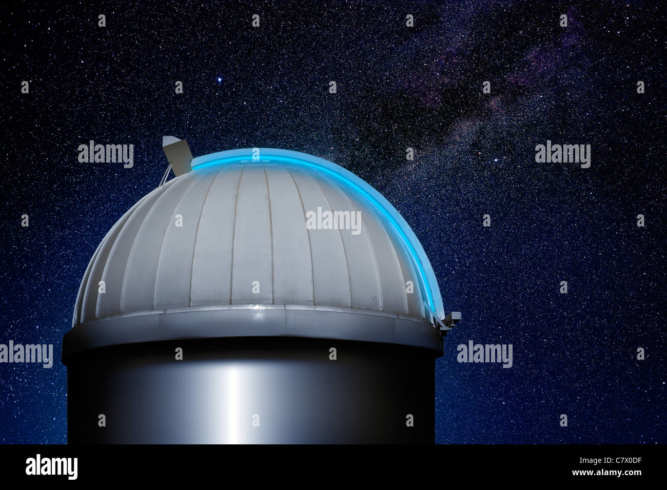 astronomical observatory dome in stars sky night Stock Photo