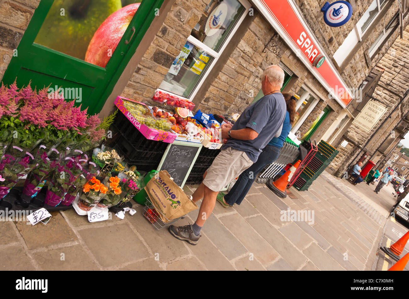 Fresh fruit for sale outside the Spar shop store in Hawes in Wensleydale in North Yorkshire , England , Britain , Uk Stock Photo