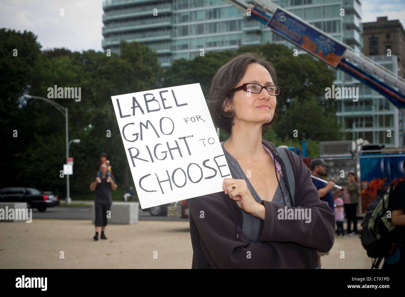Activists demand genetically modified organisms labeling of food. Stock Photo