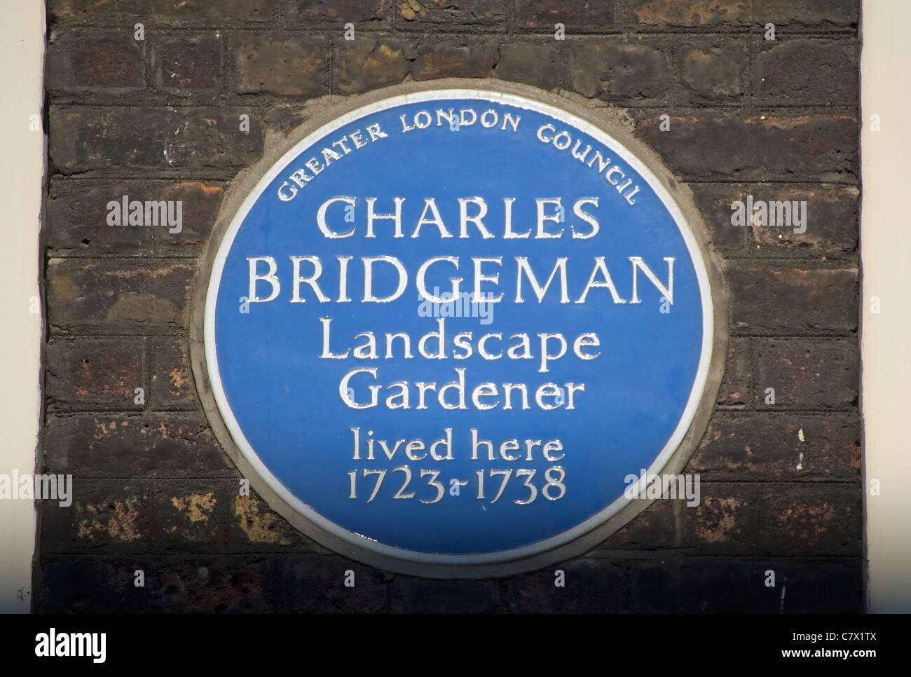 greater london council blue plaque marking a home of landscape gardener charles bridgeman, broadwick street, london, england Stock Photo