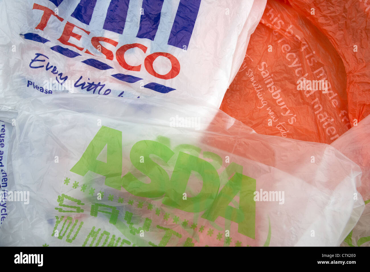 range of uk supermarket plastic shopping carrier bags Stock Photo