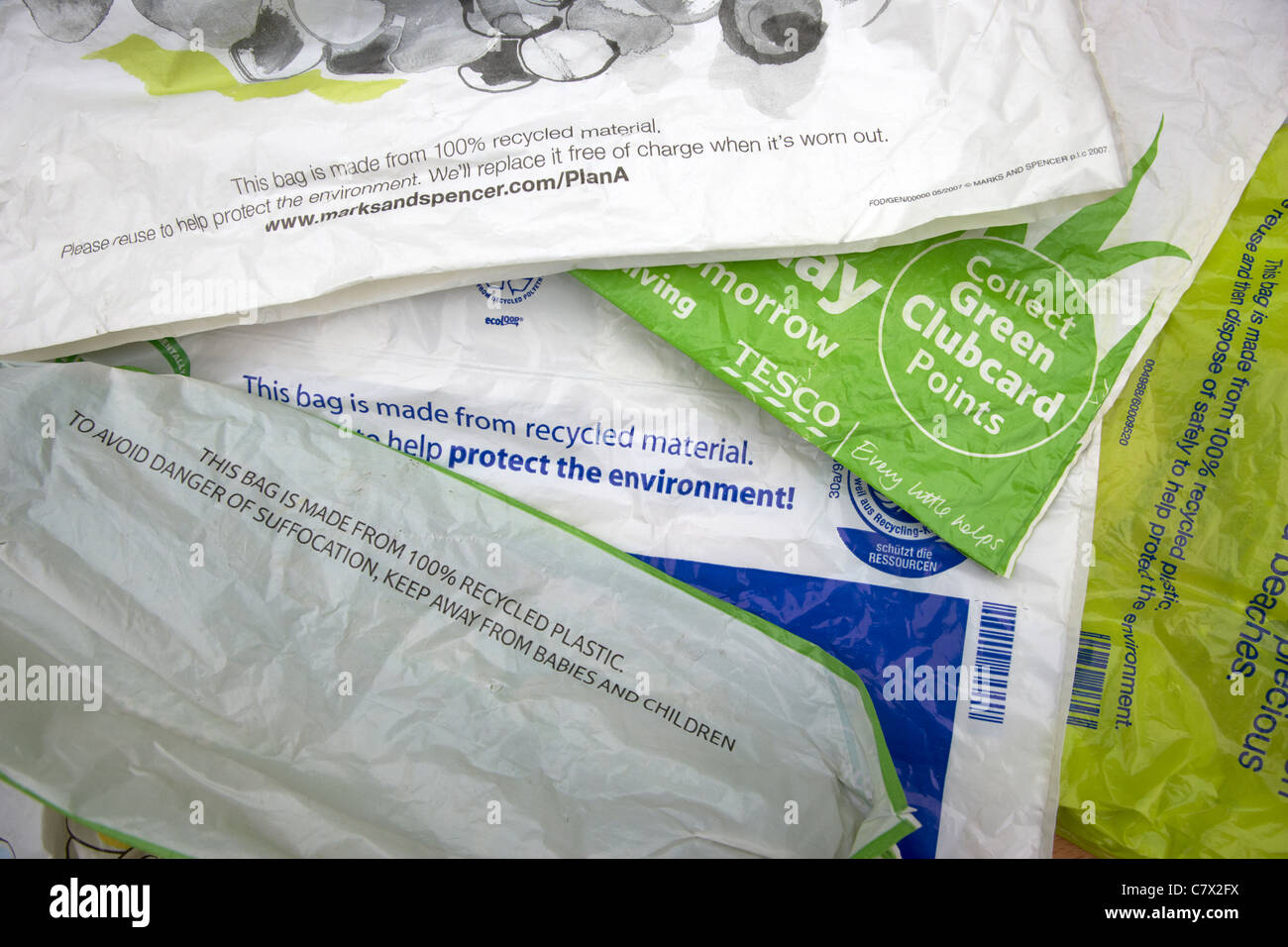 range of plastic shopping carrier bags made from recycled plastic material Stock Photo