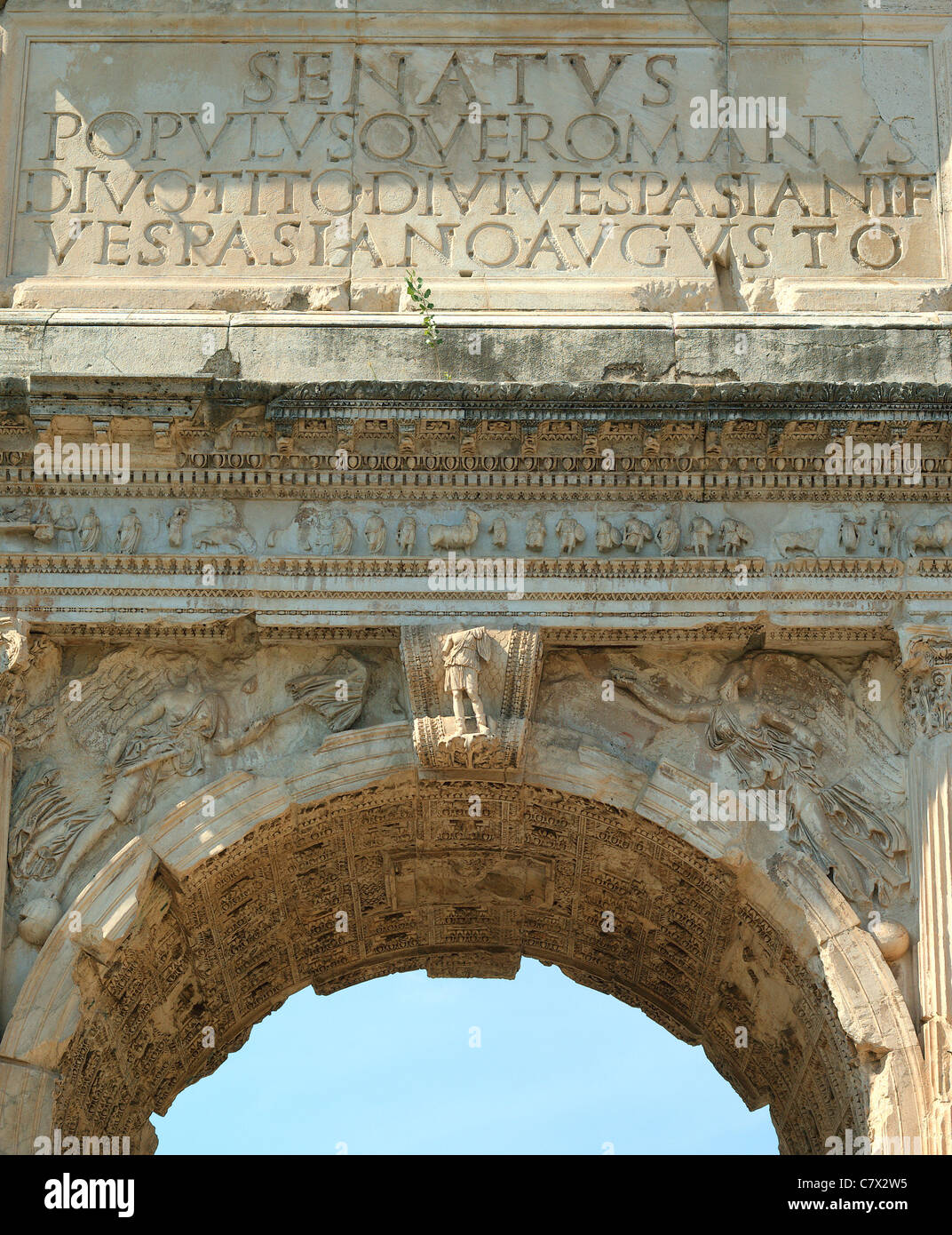 Triumphal arch of the Emperor Titus inscription Roman Forum Rome Stock Photo