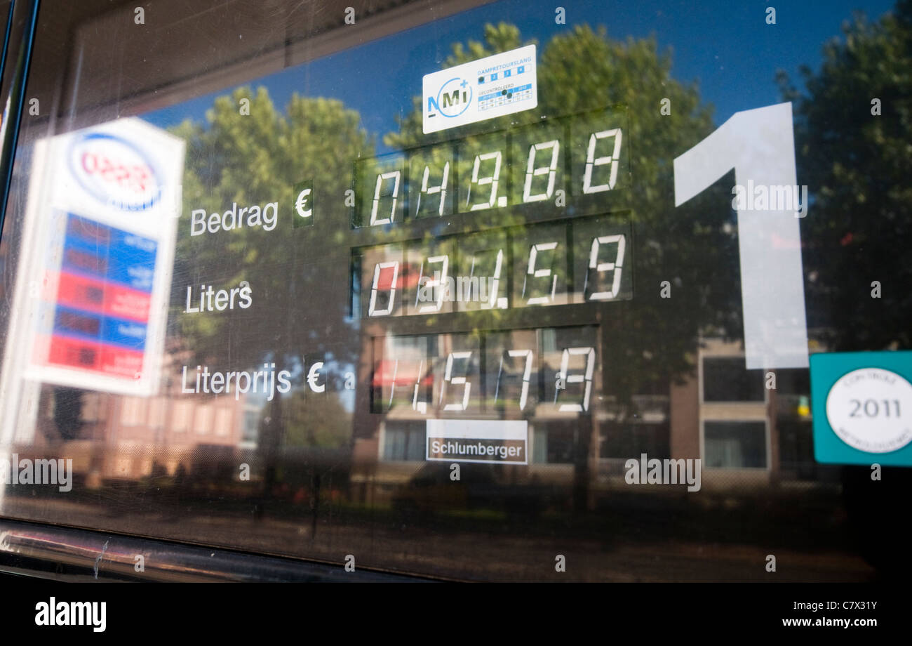 Close up of a fuel pump display at a petrol station in the Netherlands Stock Photo