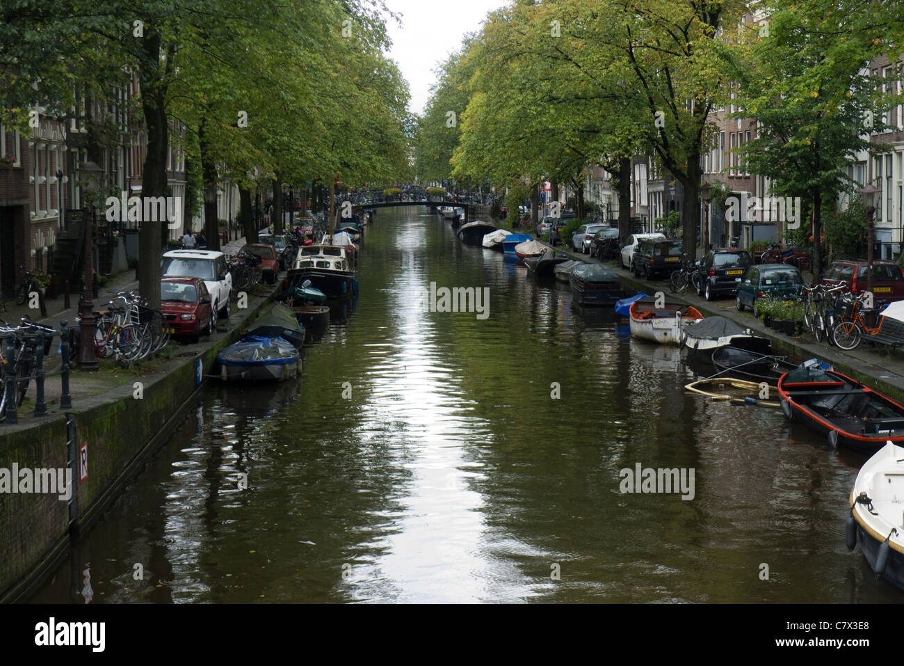 TREE LINED DUTCH CANAL IN AMSTERDAM HOLLAND AND AUTUMN COLOURED