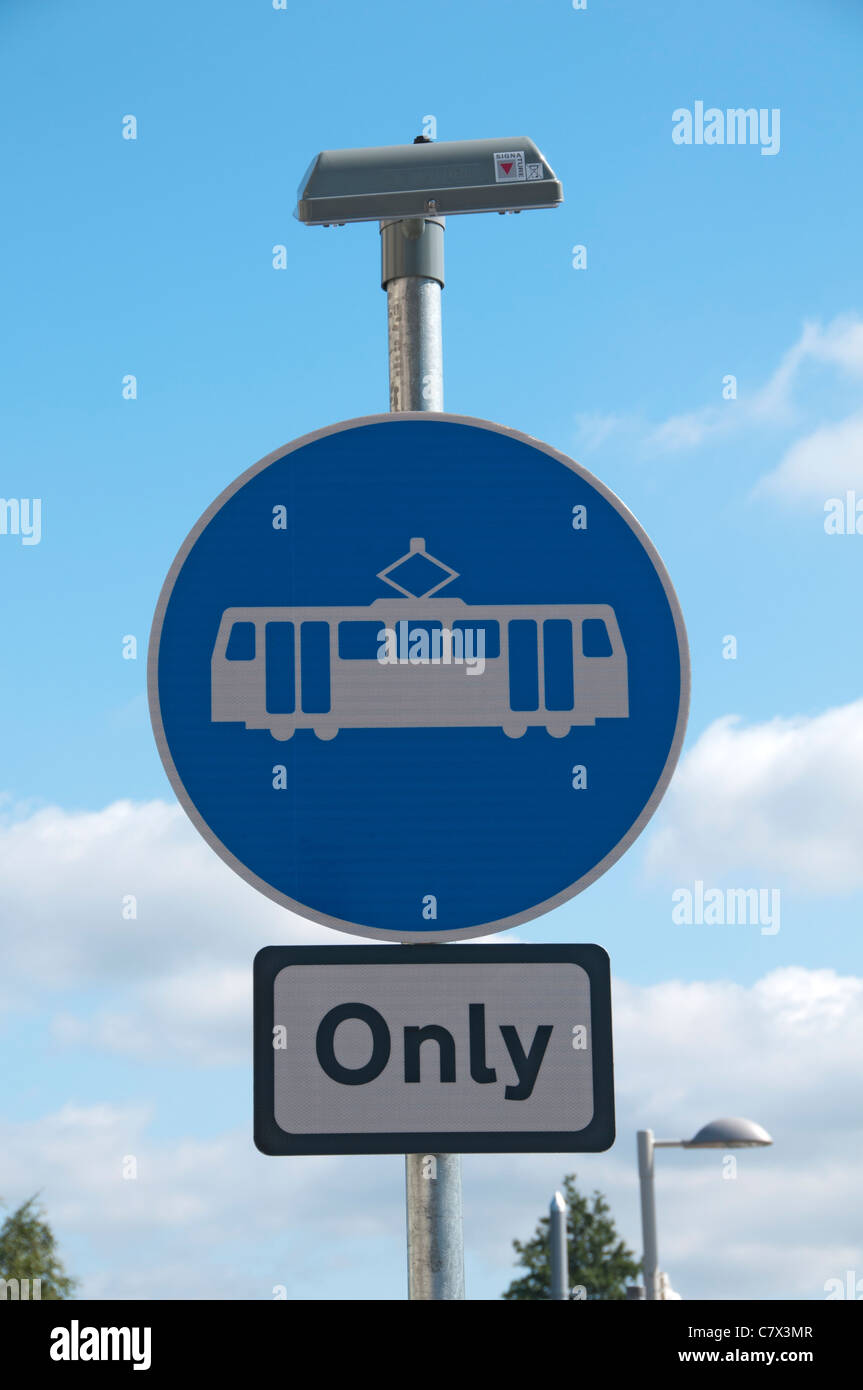 New road sign with tram symbol, East Manchester Line of the Metrolink tram system, Manchester, England, UK Stock Photo