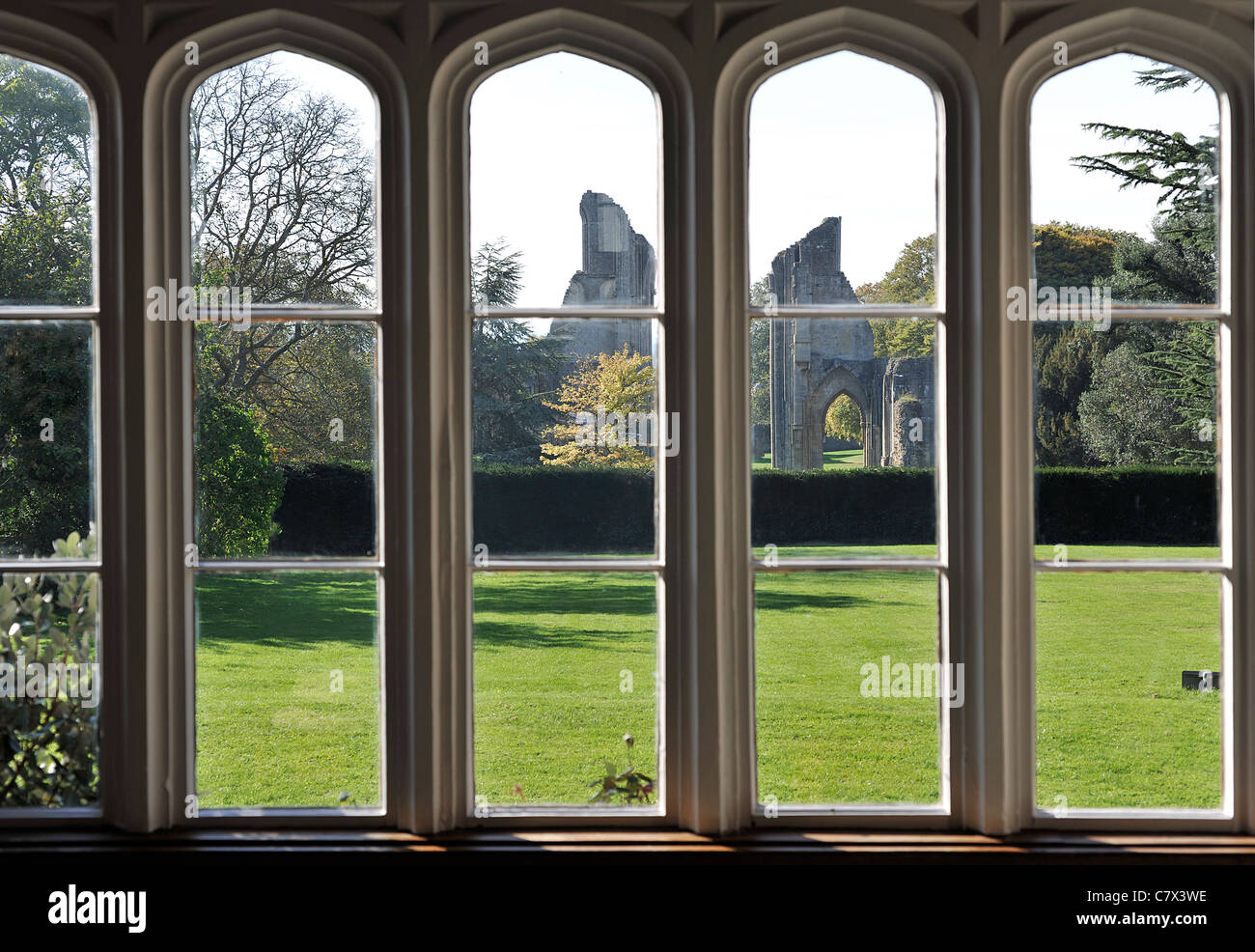 Glastonbury Abbey taken from the interior of Abbey House, Glastonbury