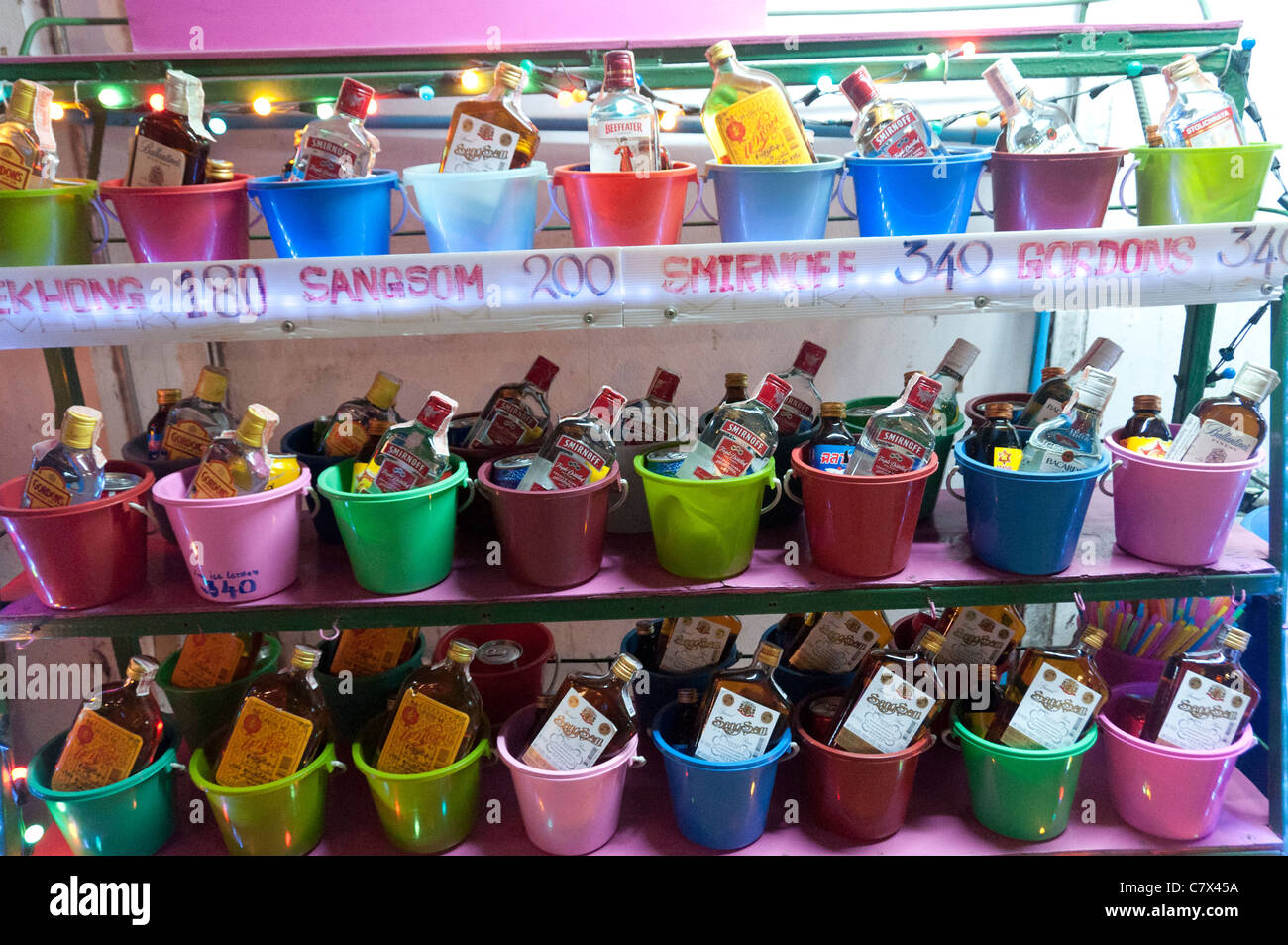 Cheap alcoholic drink buckets on Ko Phi Phi Stock Photo