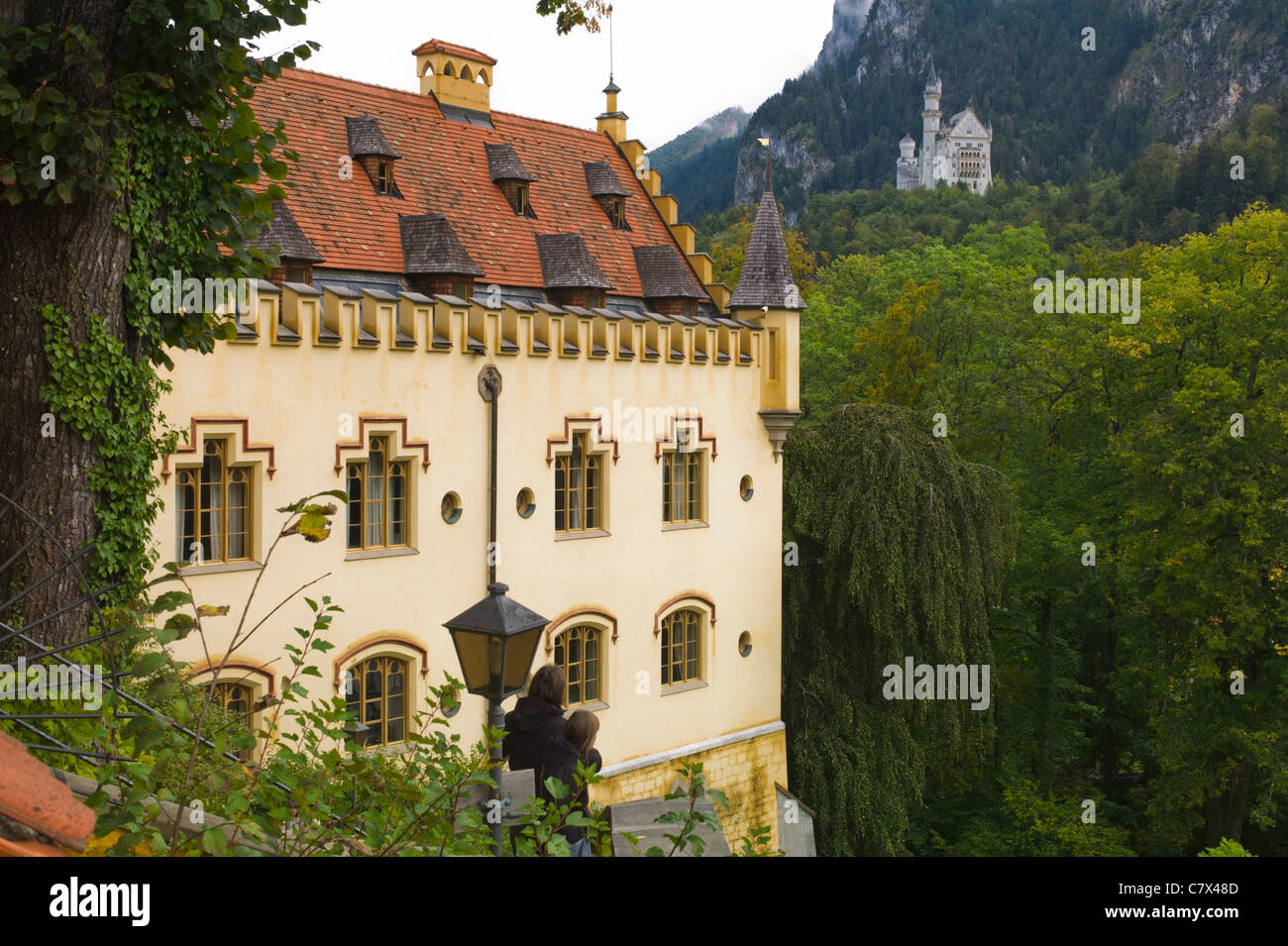 View of Neuschwanstein from Hohenschwangau Castle Hohenschwangau Algaeu Bavaria Germany Stock Photo