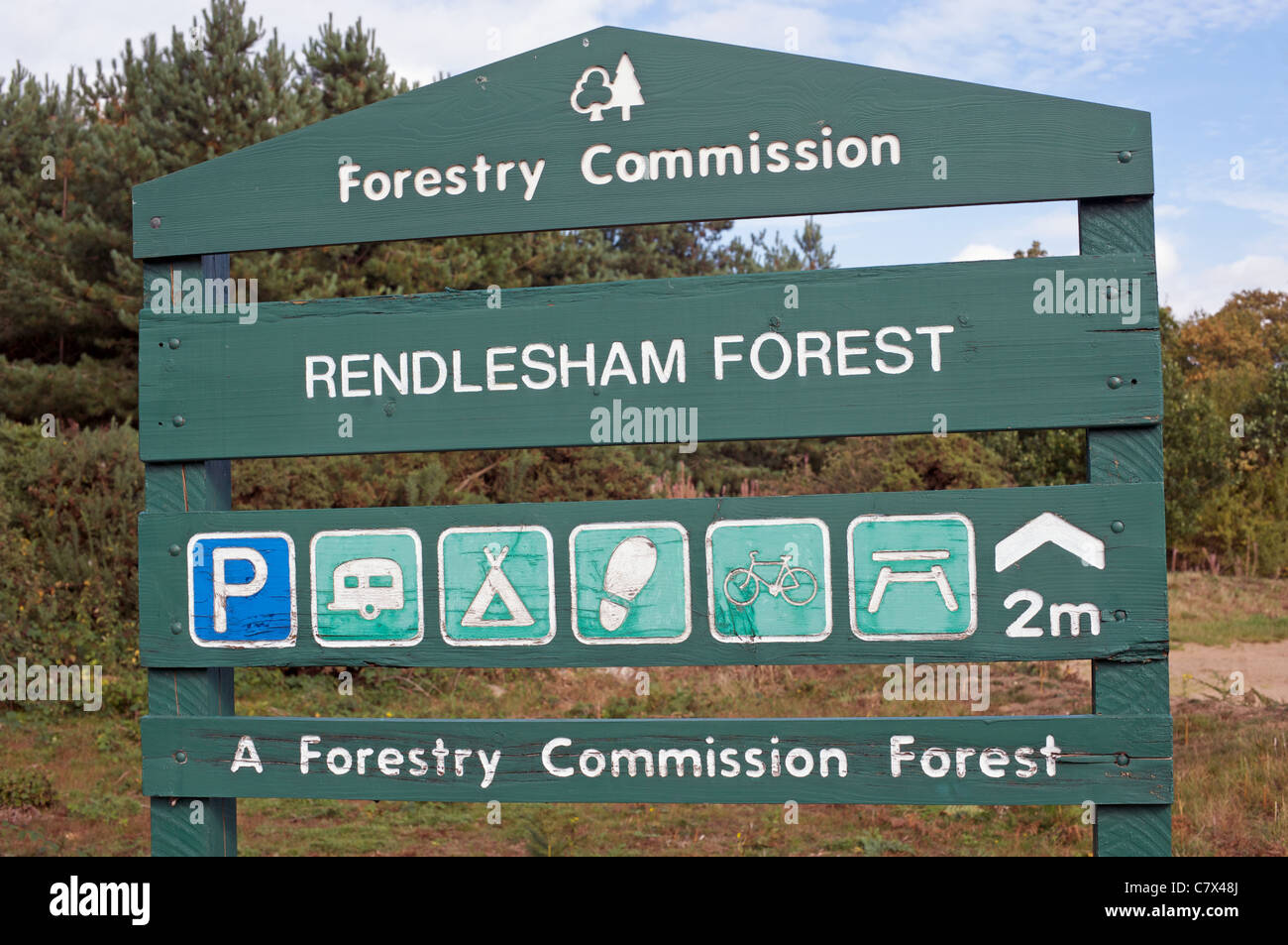 Rendlesham Forest sign, Suffolk, UK. Stock Photo
