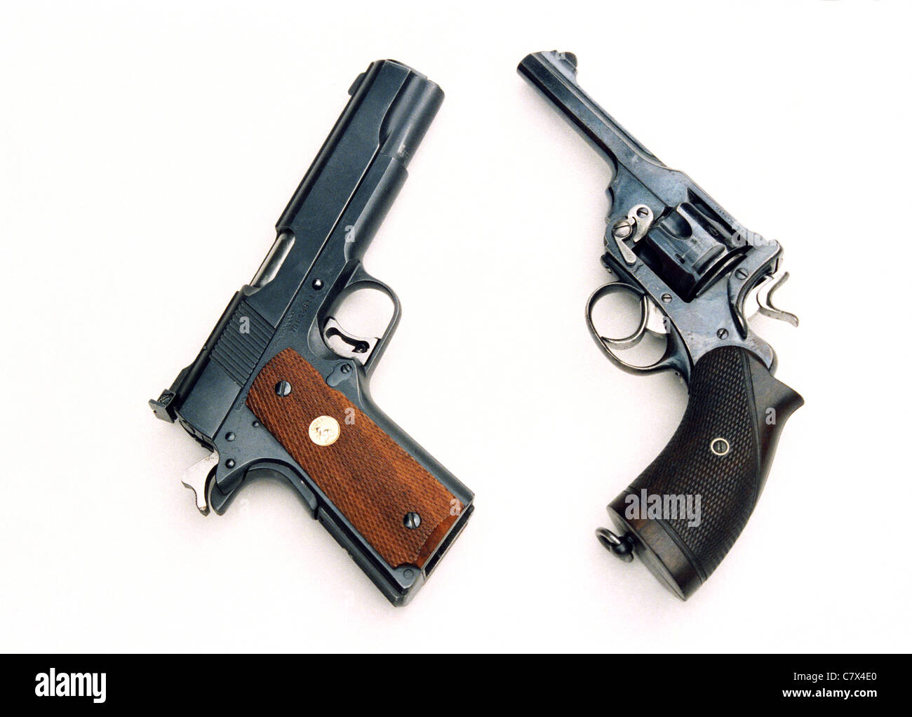 Colt  M1911A, 70 Series Gold Cup National Match .45 ACP and a Webley 380 200 revolver Stock Photo