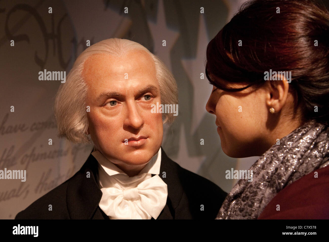 tourist with  waxwork of President George Washington at Madame Tussauds waxworks, Washington DC USA Stock Photo