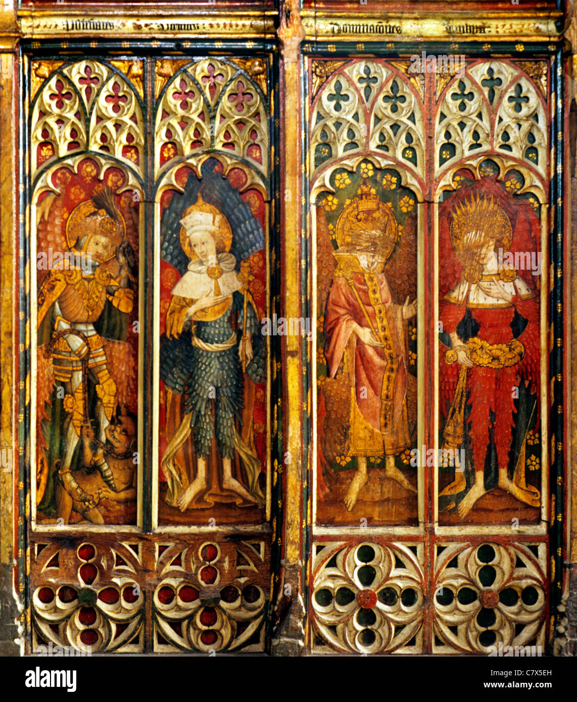 Barton Turf, Norfolk, rood screen, north screen, 4 panels, Powers, Virtues, Dominations, Seraphim, four of the Nine Orders Stock Photo